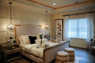 Inspiration for a mid-sized transitional master dark wood floor bedroom remodel in Other with white walls