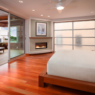 Mittelgroßes Modernes Hauptschlafzimmer mit Eckkamin, bunten Wänden, braunem Holzboden und verputzter Kaminumrandung in Los Angeles