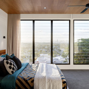This is an example of a contemporary bedroom in Brisbane with white walls, carpet, grey floor and wood.
