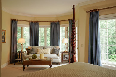 Example of a mid-sized classic master carpeted bedroom design in Other with yellow walls