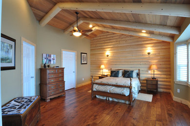 Mountain style master medium tone wood floor bedroom photo in Vancouver with beige walls