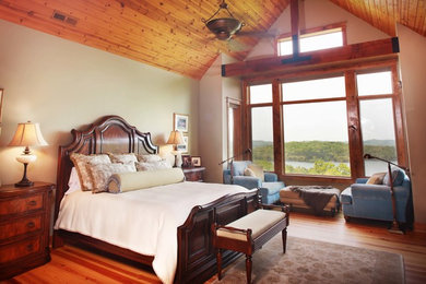 Foto de dormitorio principal de estilo americano con paredes beige y suelo de madera en tonos medios