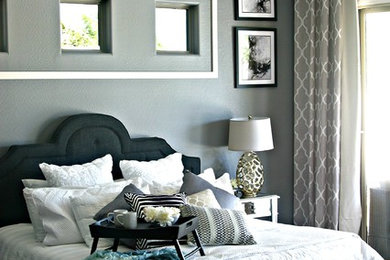 Inspiration for a large transitional master carpeted and gray floor bedroom remodel in Phoenix with gray walls and no fireplace