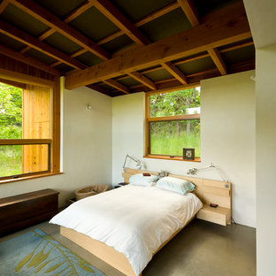 Modelo de dormitorio principal, contemporáneo, pequeño, con paredes beige y suelo de cemento