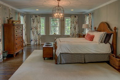 Elegant master dark wood floor bedroom photo in Philadelphia with gray walls