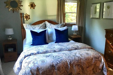 シャーロットにある小さなコンテンポラリースタイルのおしゃれな主寝室 (青い壁、カーペット敷き、ベージュの床) のレイアウト