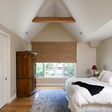 Master Bedroom with Cathedral Beamed Ceiling and Hardwood Floors