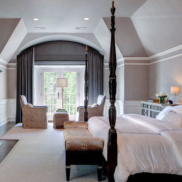 Master Bedroom with Grand Arched Motorized shade and Custom Arched Panels