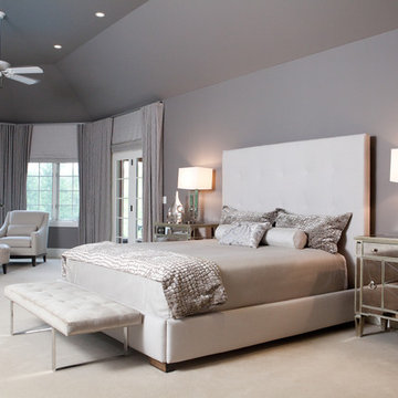 Master Bedroom with Mirrored Nightstands, Upholstered Bed and Tufted Bench