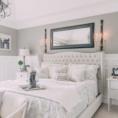 Bedroom - large shabby-chic style master carpeted bedroom idea in Nashville with gray walls