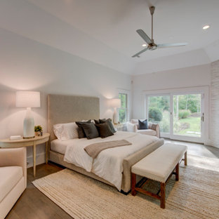 Design ideas for a large transitional master bedroom in New York with white walls, a stone fireplace surround, dark hardwood floors and a ribbon fireplace.