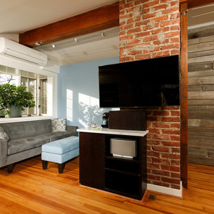 Ejemplo de dormitorio tipo loft, tradicional renovado, pequeño, con paredes azules, suelo de madera en tonos medios y chimenea lineal