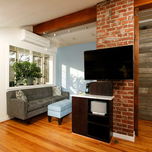 Diseño de dormitorio tipo loft, clásico renovado, pequeño, con paredes azules, suelo de madera en tonos medios y chimenea lineal