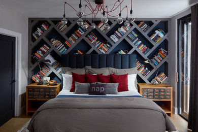 Bedroom - large eclectic master light wood floor bedroom idea in Chicago with gray walls and no fireplace
