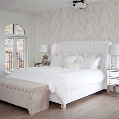 Bedroom - transitional light wood floor bedroom idea in Vancouver with multicolored walls and no fireplace