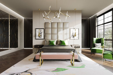 This is an example of a large contemporary master bedroom in London.