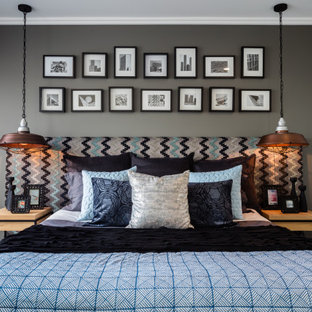 Inspiration for a contemporary bedroom in Sydney with grey walls, carpet and black floor.