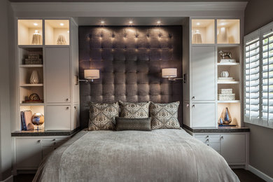Bedroom - large modern master carpeted bedroom idea in Las Vegas with gray walls