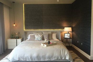 Inspiration for a mid-sized contemporary master porcelain tile bedroom remodel in Miami with gray walls