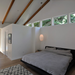 Ejemplo de dormitorio principal, vintage, de tamaño medio, con paredes blancas, suelo de madera clara, chimenea lineal y marco de chimenea de baldosas y/o azulejos