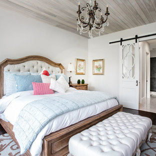 Imagen de dormitorio principal, campestre, de tamaño medio, sin chimenea, con paredes grises, suelo de madera oscura y suelo negro