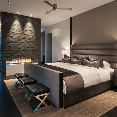Trendy master dark wood floor bedroom photo in Phoenix with white walls, a stone fireplace and a two-sided fireplace