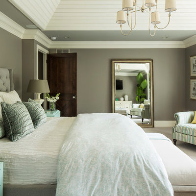 Example of a transitional master carpeted and white floor bedroom design in Minneapolis with brown walls