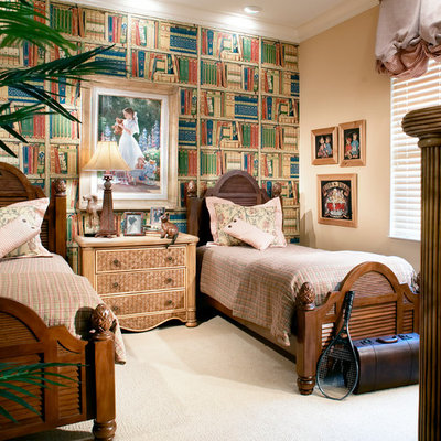 Elegant guest carpeted bedroom photo in Miami with multicolored walls
