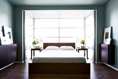 Inspiration for a contemporary master dark wood floor bedroom remodel in Phoenix with green walls