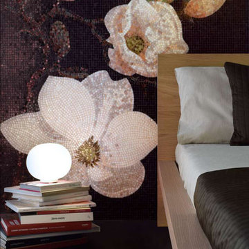 Modern bedroom with floral glass mosaic design wall