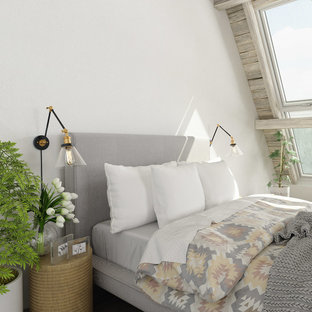 Modelo de habitación de invitados minimalista, de tamaño medio, con paredes blancas, suelo de contrachapado y suelo blanco