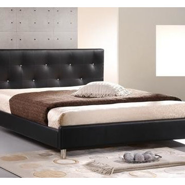 Modern Black Leather Queen Size Bed Frame with Crystal Button