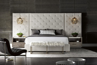 На фото: спальня в стиле модернизм с серыми стенами, темным паркетным полом и черным полом с