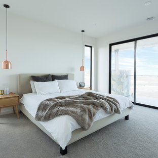 Mid-sized trendy carpeted and gray floor bedroom photo in Melbourne with white walls and no fireplace