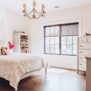 Foto di una camera da letto moderna di medie dimensioni con pareti rosa, parquet scuro e soffitto a cassettoni