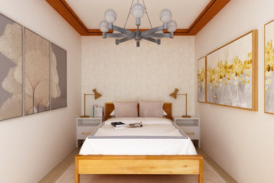 Foto de dormitorio principal y abovedado de estilo de casa de campo pequeño con paredes blancas, suelo laminado, suelo beige y papel pintado