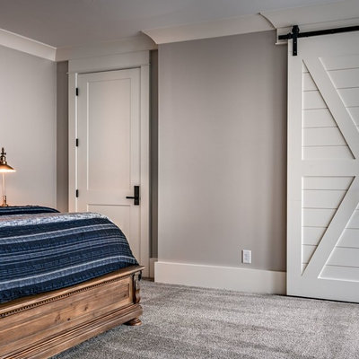 Bedroom - large cottage master carpeted and gray floor bedroom idea in Nashville with gray walls and no fireplace