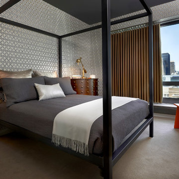 Modern High-Rise Bedroom with Ripple-Fold Drapery