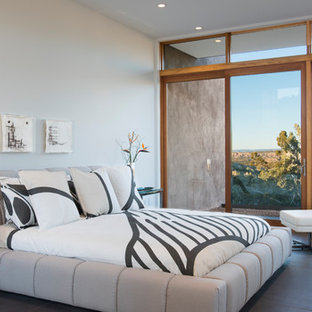 Réalisation d'une chambre parentale minimaliste de taille moyenne avec un mur blanc, un sol en carrelage de porcelaine, aucune cheminée et un sol gris.