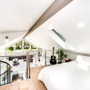 Ejemplo de dormitorio tipo loft, actual, pequeño, sin chimenea, con paredes blancas y suelo de madera clara