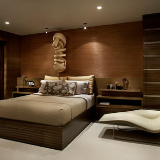 Diseño de dormitorio principal, contemporáneo, sin chimenea, con paredes marrones