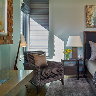 Foto de dormitorio principal, contemporáneo, grande, con paredes azules, suelo de madera oscura, chimeneas suspendidas y marco de chimenea de madera