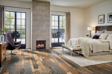 Example of a mid-sized trendy master dark wood floor and brown floor bedroom design in Sacramento with white walls, a standard fireplace and a stone fireplace