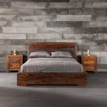 Modern rustic bedroom with concrete panel wall