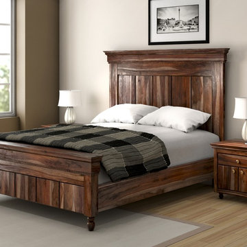 Modern Rustic Solid Wood Bed Frame w Headboard Footboard and End Table
