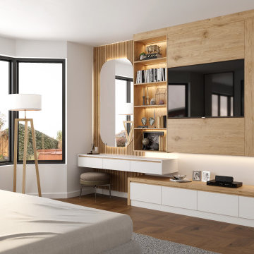 Modern style built in wardrobe with wooden handles