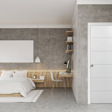 Modern Style Concrete Bedroom with White and Light Wood Accents and White Door