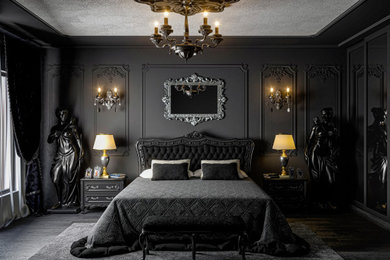 Bedroom - large victorian master ceramic tile, black floor, tray ceiling and wainscoting bedroom idea in New York with black walls and no fireplace