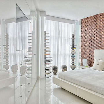 Modern white bedroom with wood mosaic wall