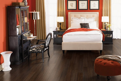 他の地域にある中くらいなトラディショナルスタイルのおしゃれな客用寝室 (赤い壁、濃色無垢フローリング、暖炉なし、茶色い床)